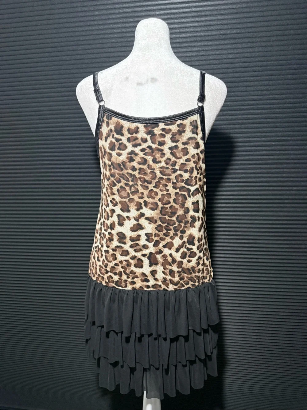 Leopard Print Cowl Neck Slip Dress with Black Tiered Skirt